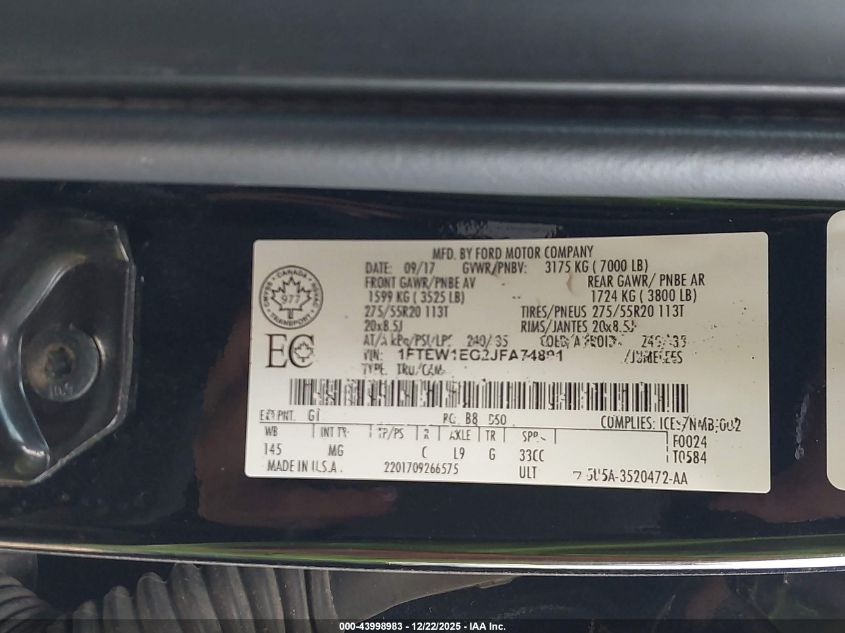 2018 Ford F-150 Xlt VIN: 1FTEW1EG2JFA74891 Lot: 43998983