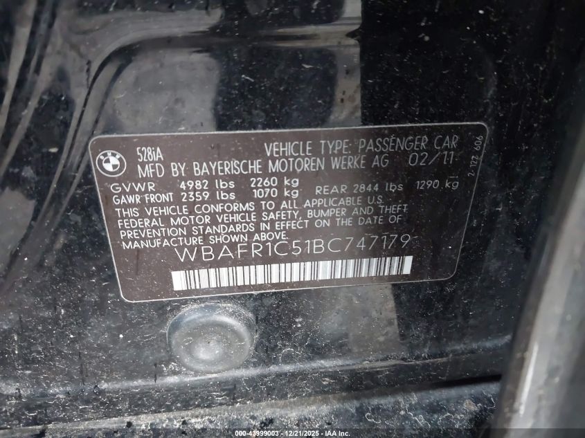 2011 BMW 528I VIN: WBAFR1C51BC747179 Lot: 43999003