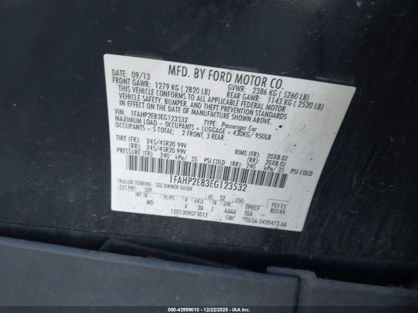 2014 Ford Taurus Sel VIN: 1FAHP2E83EG123532 Lot: 43999010