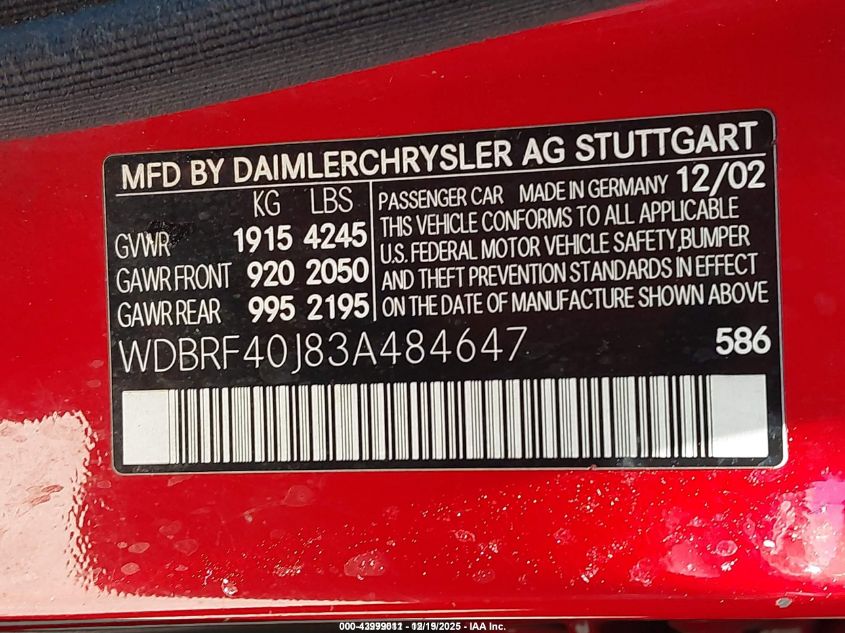 2003 Mercedes-Benz C 230 Kompressor Sport VIN: WDBRF40J83A484647 Lot: 43999011
