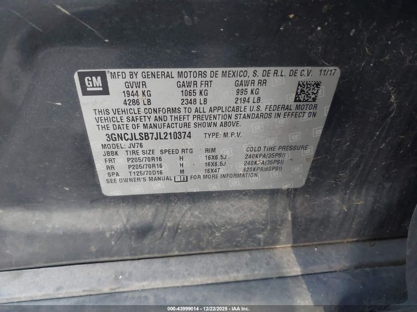 2018 Chevrolet Trax Lt VIN: 3GNCJLSB7JL210374 Lot: 43999014