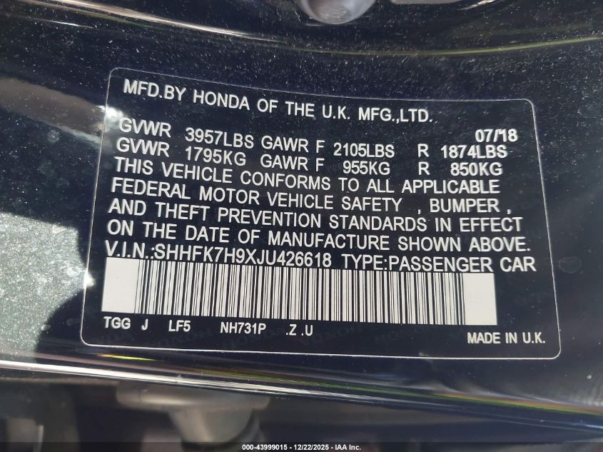 2018 Honda Civic Sport Touring VIN: SHHFK7H9XJU426618 Lot: 43999015