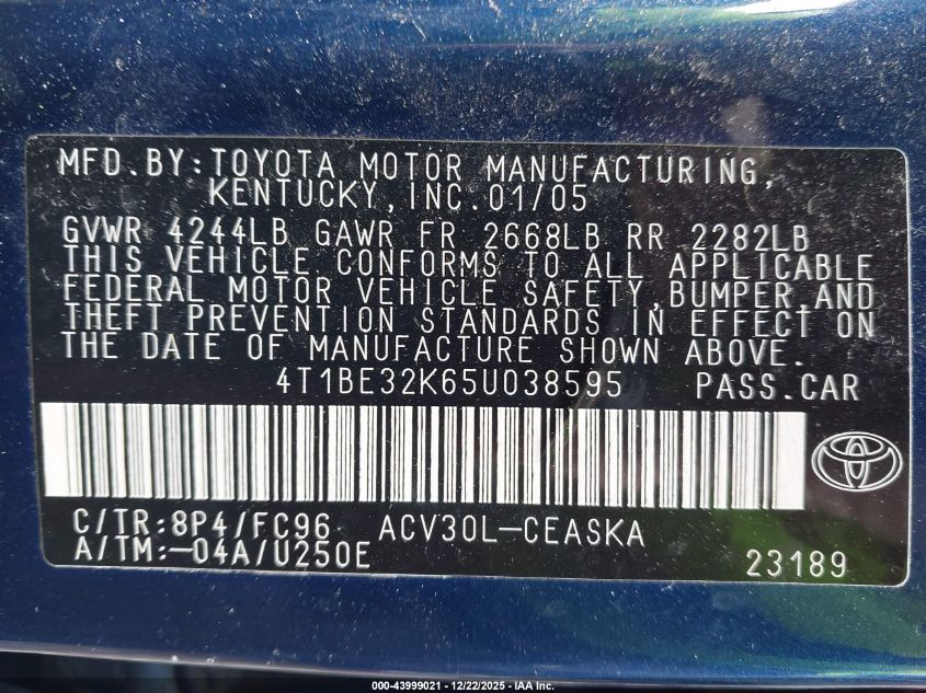 2005 Toyota Camry Se VIN: 4T1BE32K65U038595 Lot: 43999021