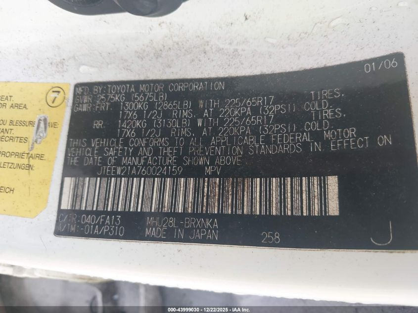 2006 Toyota Highlander Hybrid V6 VIN: JTEEW21A760024159 Lot: 43999030