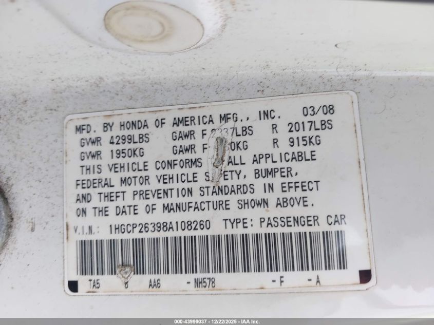 2008 Honda Accord 2.4 Lx VIN: 1HGCP26398A108260 Lot: 43999037