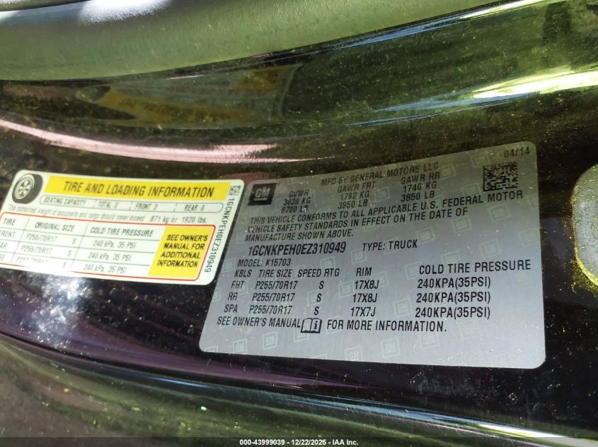2014 Chevrolet Silverado 1500 Work Truck 2Wt VIN: 1GCNKPEH0EZ310949 Lot: 43999039