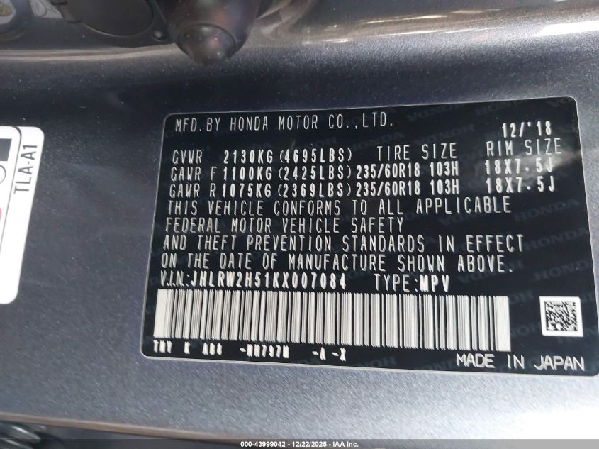 2019 Honda Cr-V Ex VIN: JHLRW2H51KX007084 Lot: 43999042