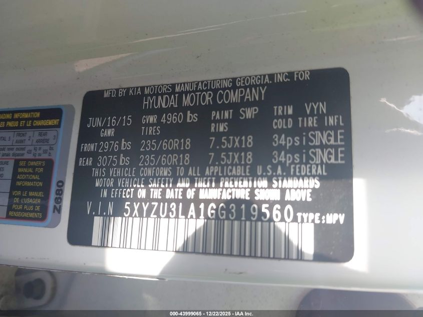 2016 Hyundai Santa Fe Sport 2.0L Turbo VIN: 5XYZU3LA1GG319560 Lot: 43999065