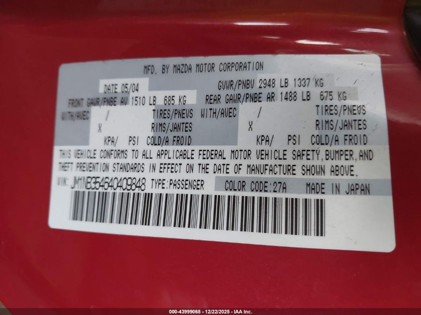 2004 Mazda Mazdaspeed Mx-5 Miata Cloth VIN: JM1NB354640409848 Lot: 43999068