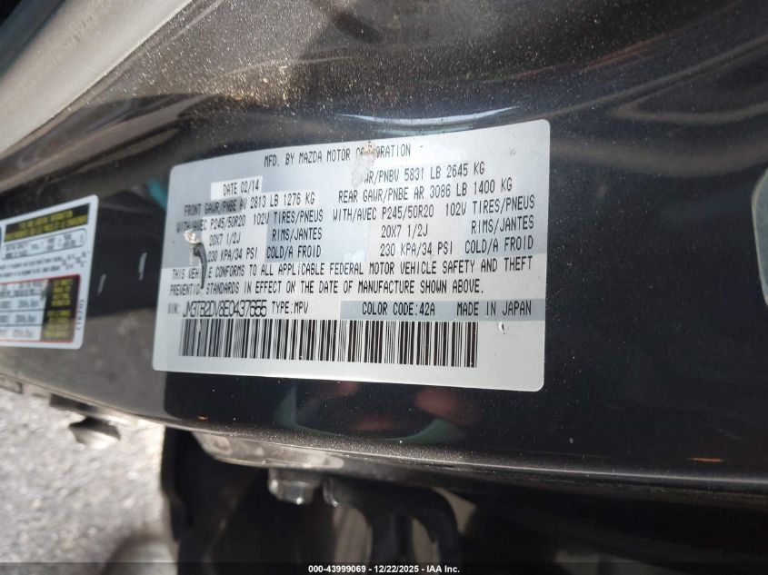 2014 Mazda Cx-9 Grand Touring VIN: JM3TB2DV8E0437655 Lot: 43999069