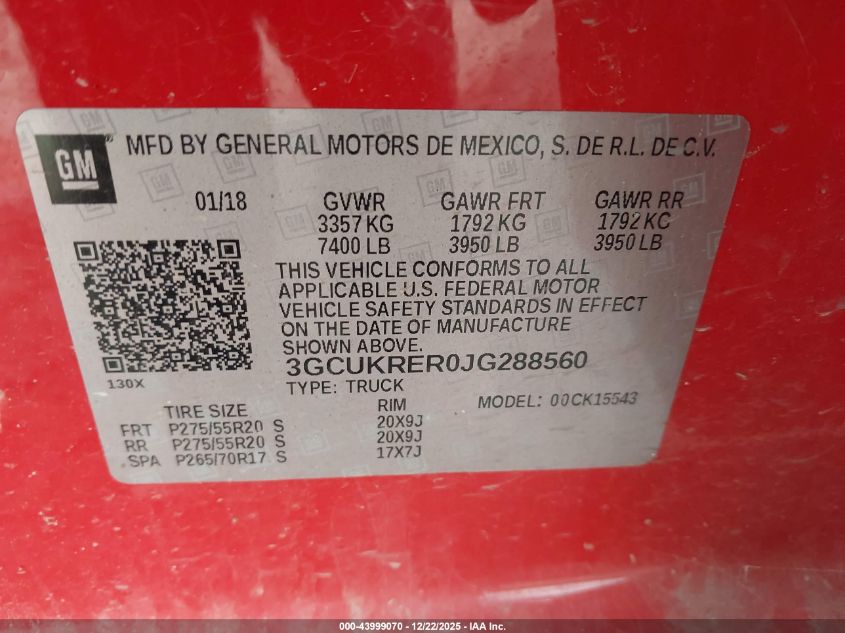 2018 Chevrolet Silverado 1500 1Lt VIN: 3GCUKRER0JG288560 Lot: 43999070