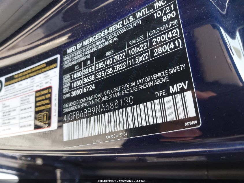 2022 Mercedes-Benz Amg Gle 53 4Matic VIN: 4JGFB6BB9NA588130 Lot: 43999079