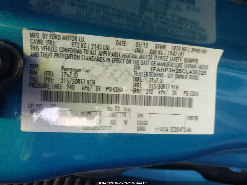 2012 Ford Focus Sel VIN: 1FAHP3H28CL430325 Lot: 43999085