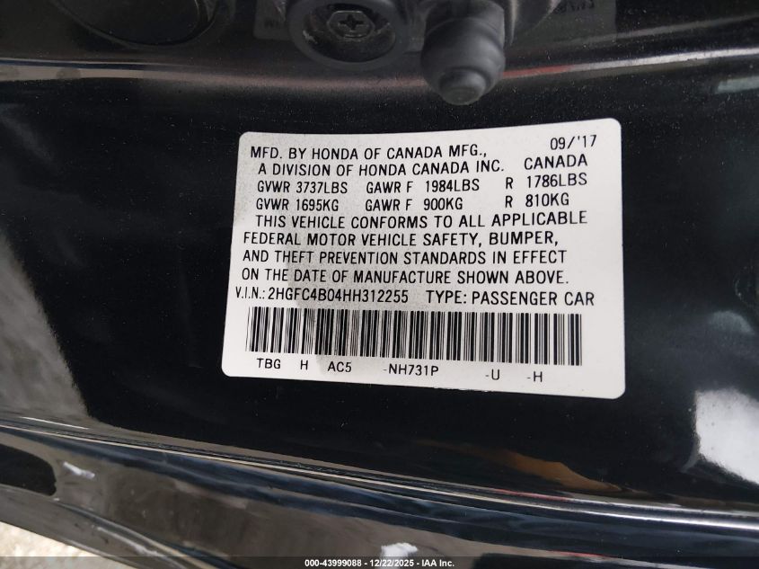 2017 Honda Civic Lx-P VIN: 2HGFC4B04HH312255 Lot: 43999088