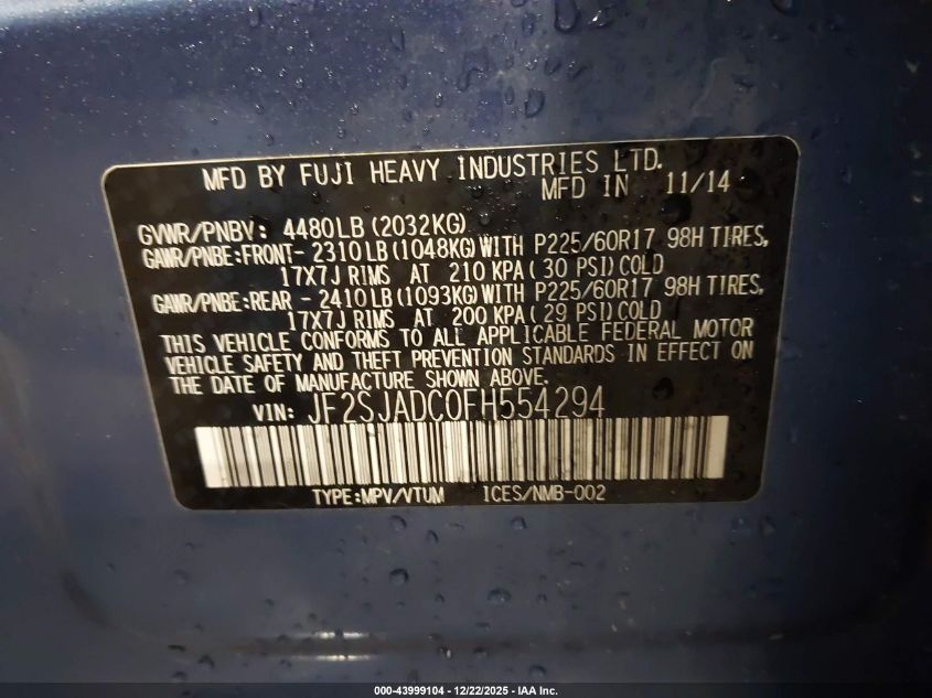 2015 Subaru Forester 2.5I Premium VIN: JF2SJADC0FH554294 Lot: 43999104
