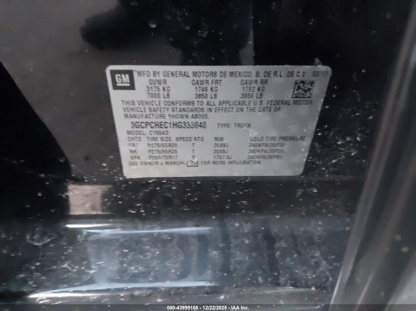 2017 Chevrolet Silverado 1500 1Lt VIN: 3GCPCREC1HG335840 Lot: 43999106