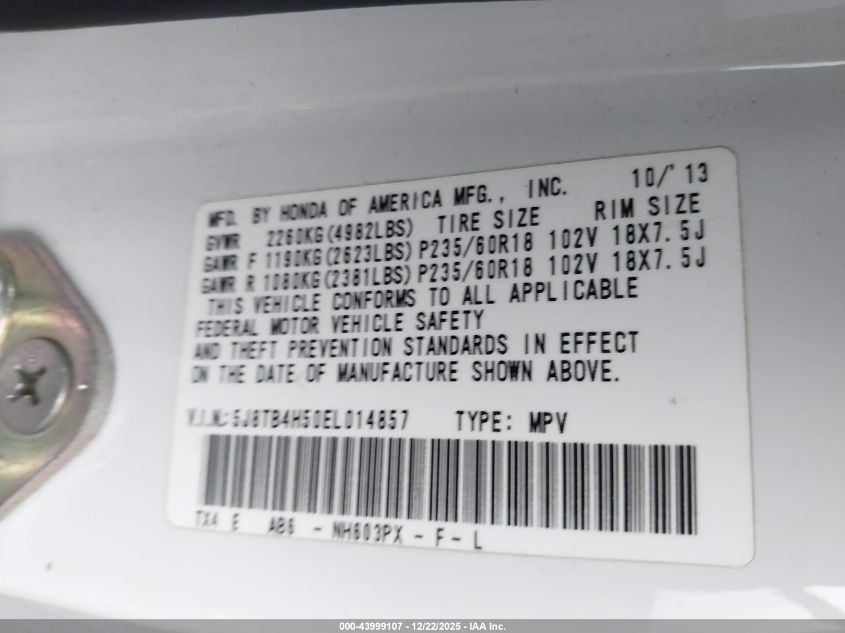 2014 Acura Rdx VIN: 5J8TB4H50EL014857 Lot: 43999107