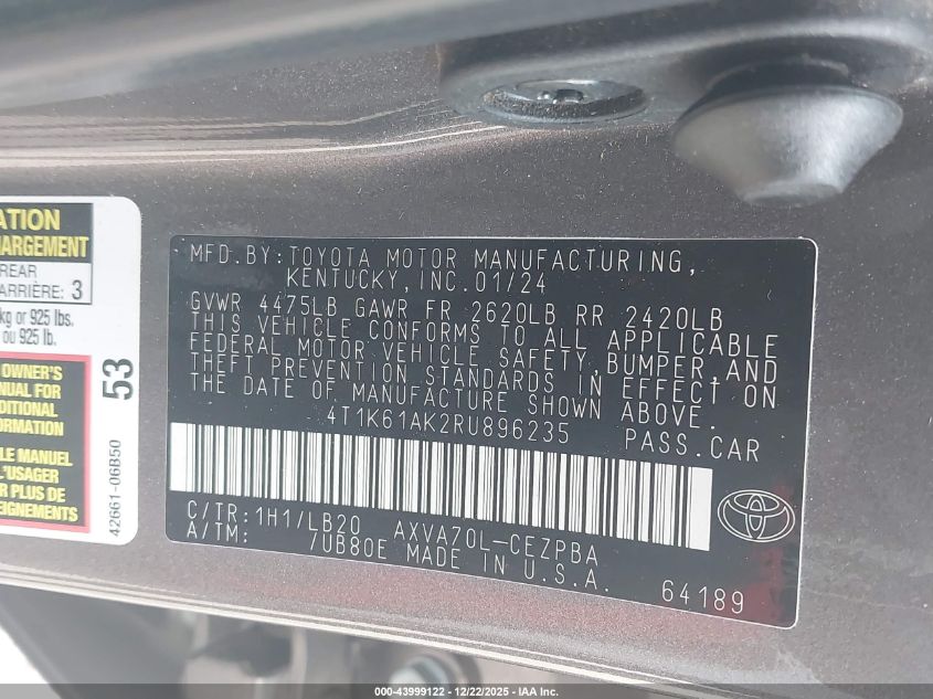 2024 Toyota Camry Xse VIN: 4T1K61AK2RU896235 Lot: 43999122