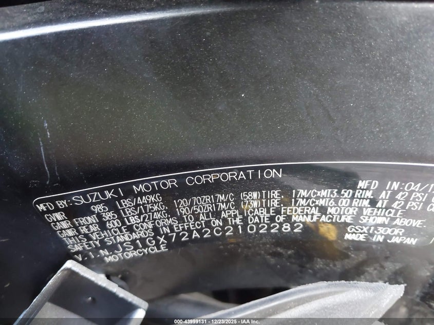 2012 Suzuki Gsx1300 R VIN: JS1GX72A2C2102282 Lot: 43999131