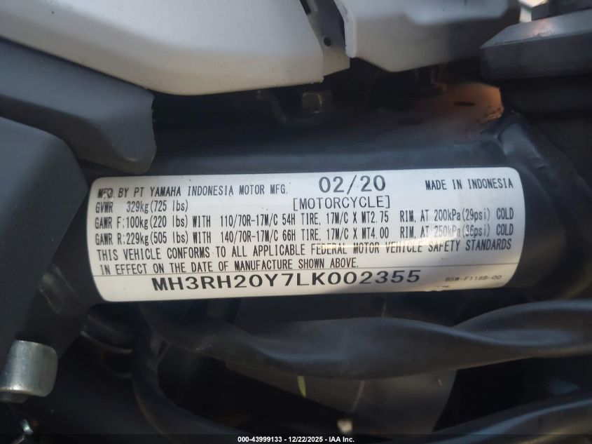 2020 Yamaha Mt-03 VIN: MH3RH20Y7LK002355 Lot: 43999133