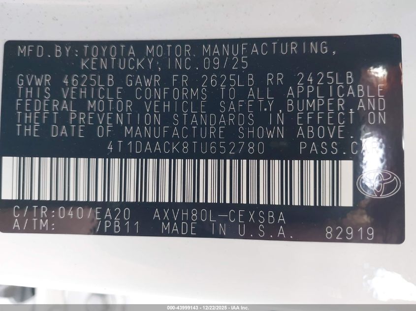 2026 Toyota Camry Nightshade VIN: 4T1DAACK8TU652780 Lot: 43999143