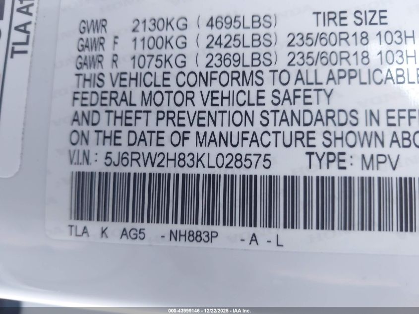 2019 Honda Cr-V Ex-L VIN: 5J6RW2H83KL028575 Lot: 43999146