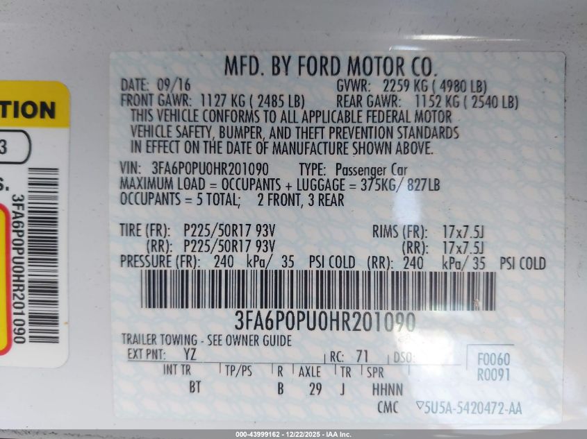 2017 Ford Fusion Energi Se Luxury VIN: 3FA6P0PU0HR201090 Lot: 43999162