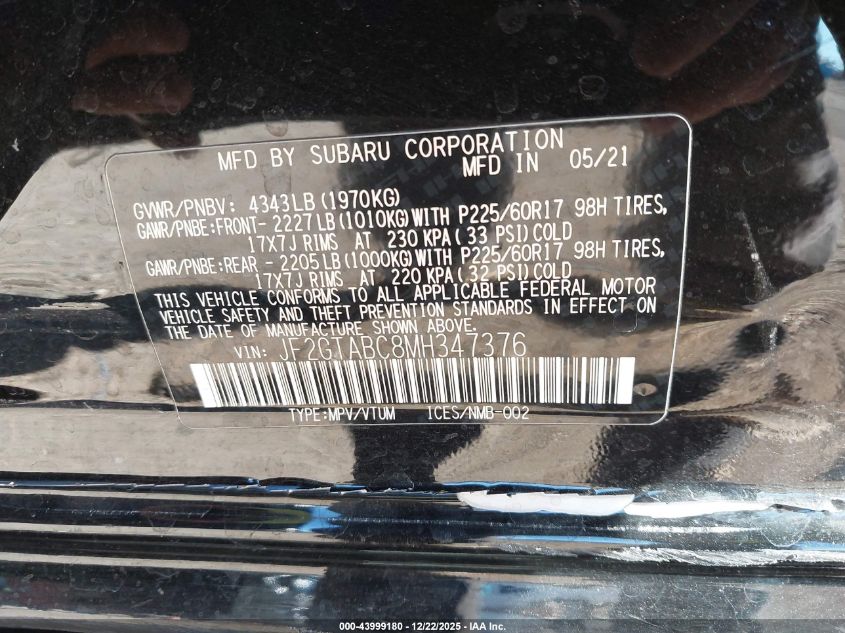 2021 Subaru Crosstrek VIN: JF2GTABC8MH347376 Lot: 43999180