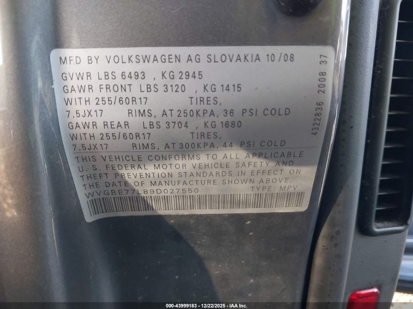 2009 Volkswagen Touareg 2 Vr6 Fsi VIN: WVGBE77L89D027550 Lot: 43999183