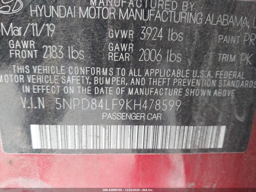 2019 Hyundai Elantra Sel VIN: 5NPD84LF9KH478599 Lot: 43999188