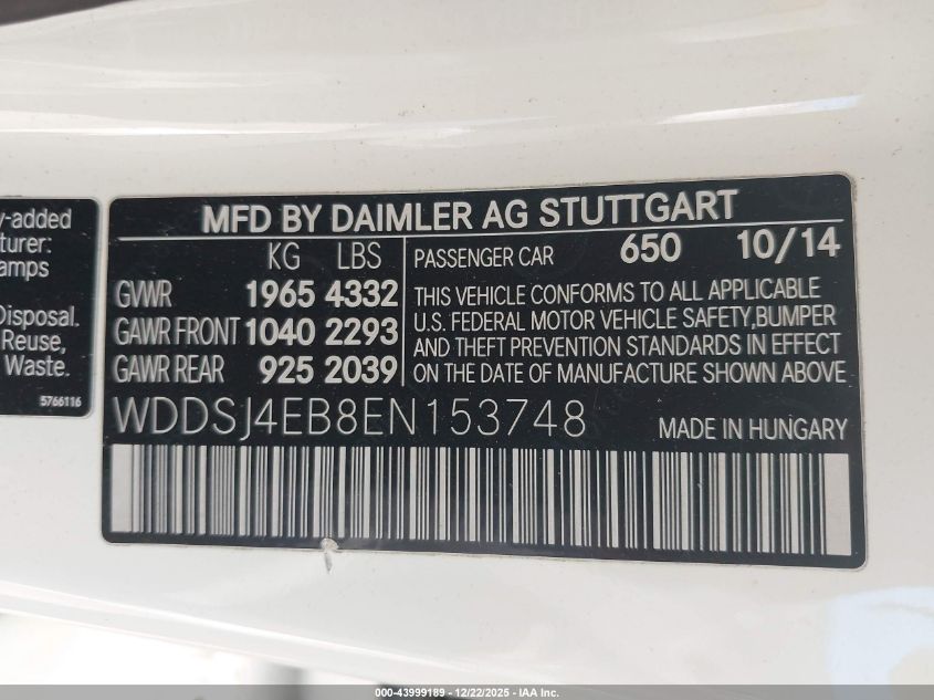 2014 Mercedes-Benz Cla 250 VIN: WDDSJ4EB8EN153748 Lot: 43999189