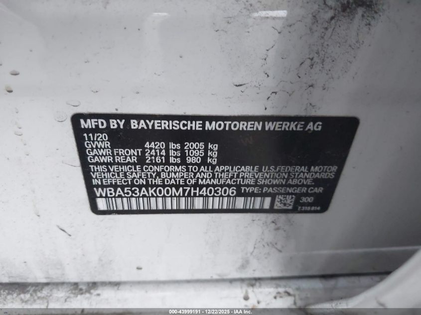 2021 BMW 228I Gran Coupe Sdrive VIN: WBA53AK00M7H40306 Lot: 43999191