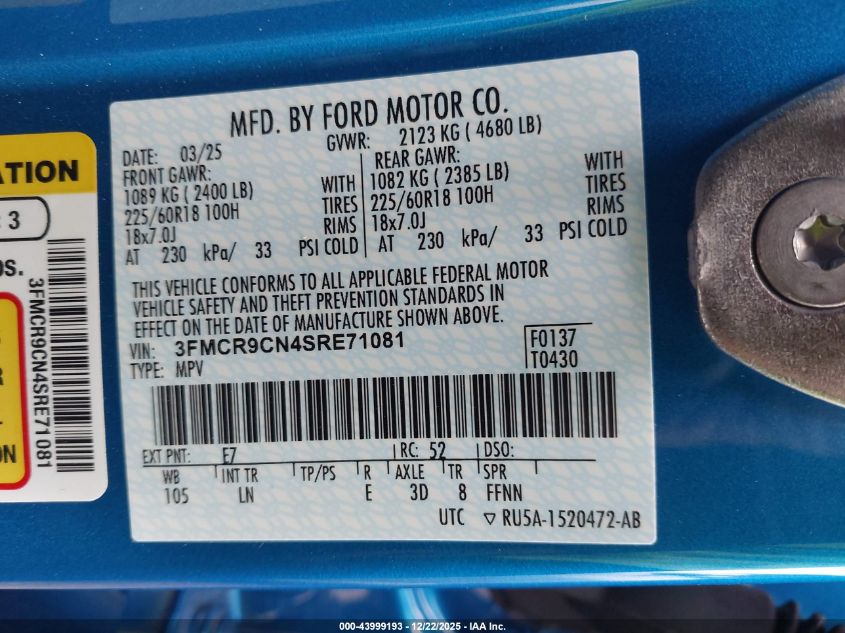 2025 Ford Bronco Sport Outer Banks VIN: 3FMCR9CN4SRE71081 Lot: 43999193