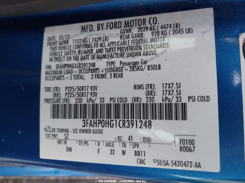 2012 Ford Fusion Se VIN: 3FAHP0HG1CR391248 Lot: 43999197