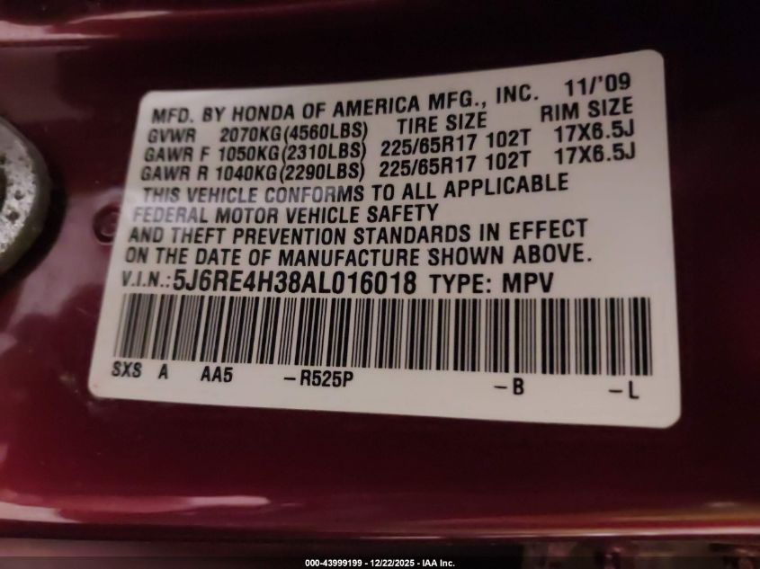 2010 Honda Cr-V Lx VIN: 5J6RE4H38AL016018 Lot: 43999199