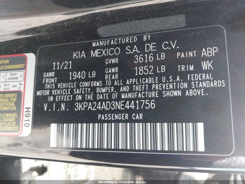 2022 Kia Rio Lx VIN: 3KPA24AD3NE441756 Lot: 43999215