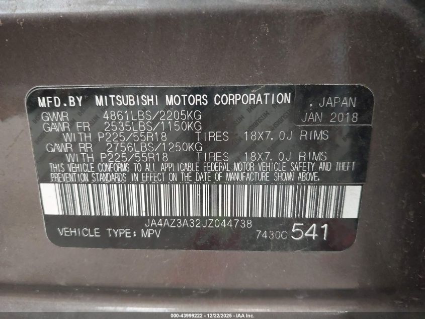 2018 Mitsubishi Outlander Se VIN: JA4AZ3A32JZ044738 Lot: 43999222