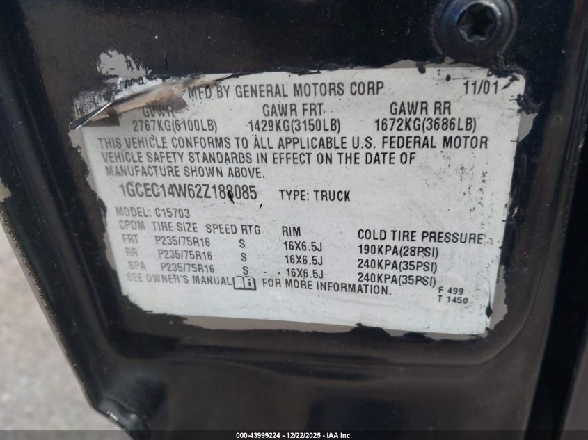 2002 Chevrolet Silverado 1500 VIN: 1GCEC14W62Z188085 Lot: 43999224