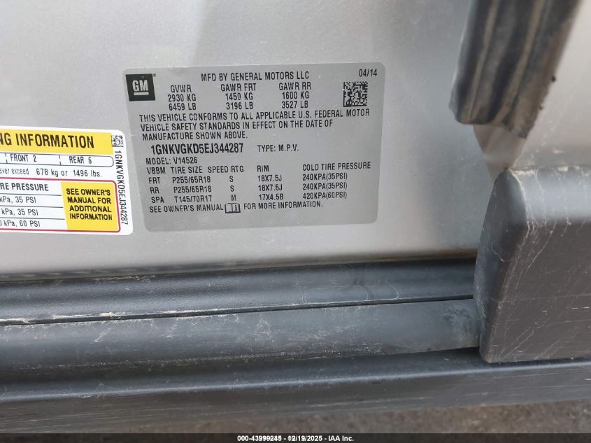 2014 Chevrolet Traverse 1Lt VIN: 1GNKVGKD5EJ344287 Lot: 43999245