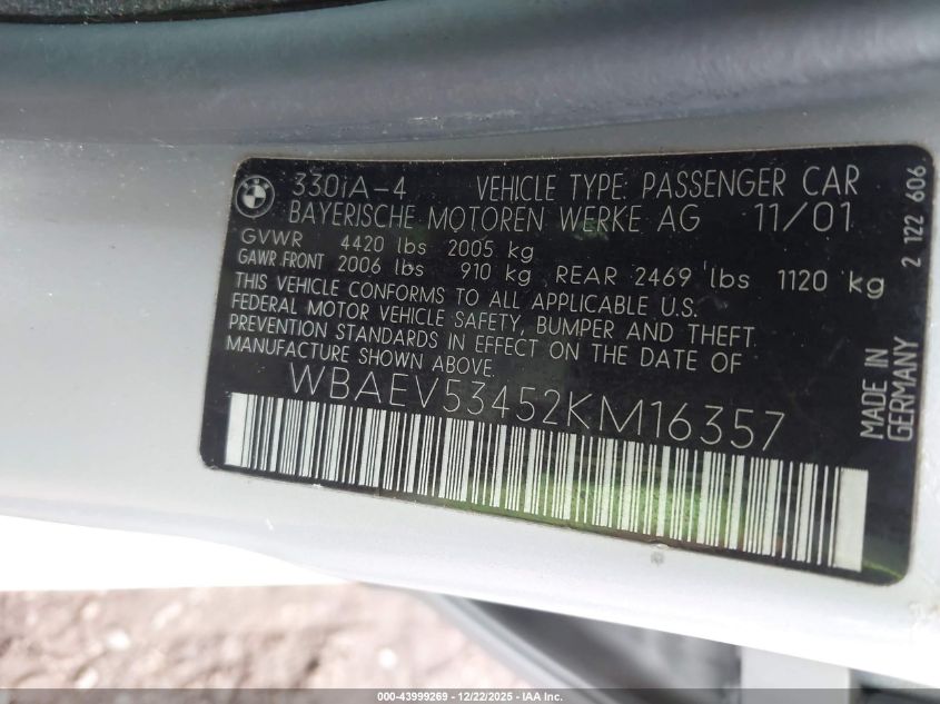 2002 BMW 330I VIN: WBAEV53452KM16357 Lot: 43999269