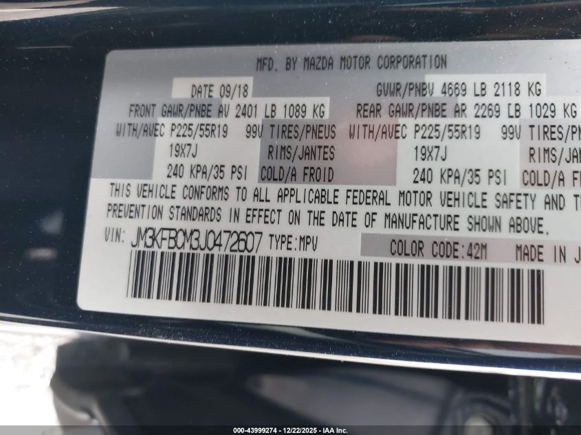 2018 Mazda Cx-5 Touring VIN: JM3KFBCM3J0472607 Lot: 43999274