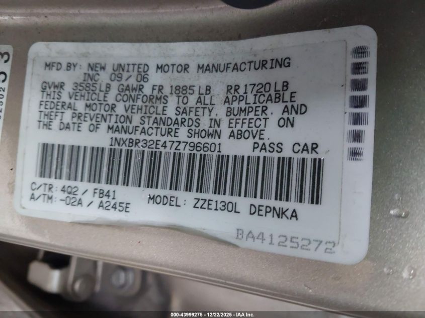 2007 Toyota Corolla Le VIN: 1NXBR32E47Z796601 Lot: 43999275