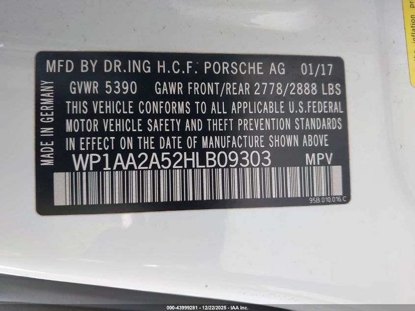 2017 Porsche Macan VIN: WP1AA2A52HLB09303 Lot: 43999281