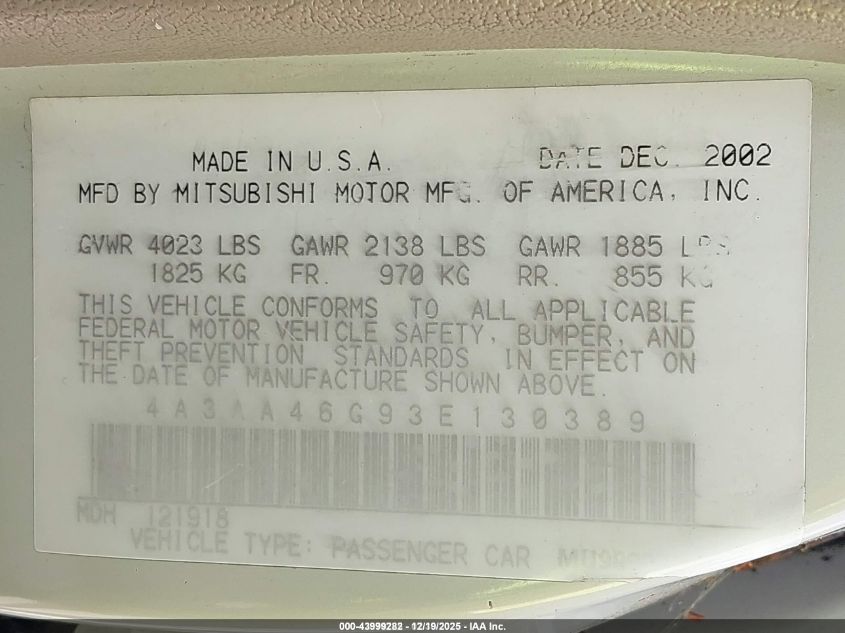 2003 Mitsubishi Galant Es/Ls VIN: 4A3AA46G93E130389 Lot: 43999282