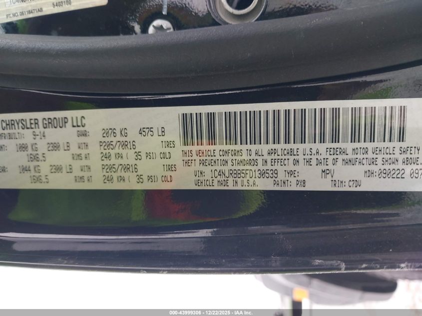 2015 Jeep Patriot Sport VIN: 1C4NJRBB5FD130539 Lot: 43999306