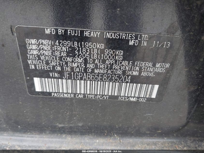 2014 Subaru Impreza 2.0I Premium VIN: JF1GPAB65E8235204 Lot: 43999315