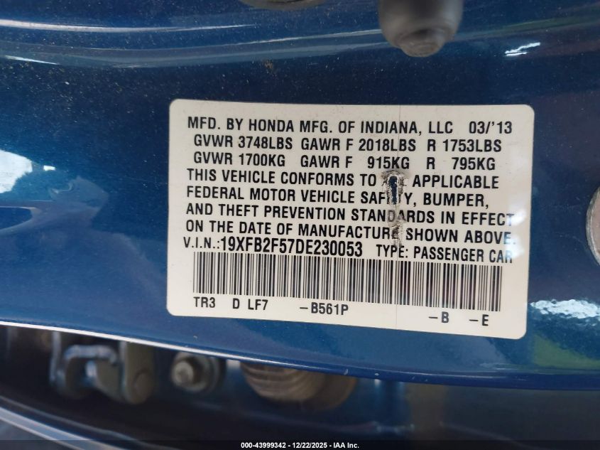2013 Honda Civic Lx VIN: 19XFB2F57DE230053 Lot: 43999342