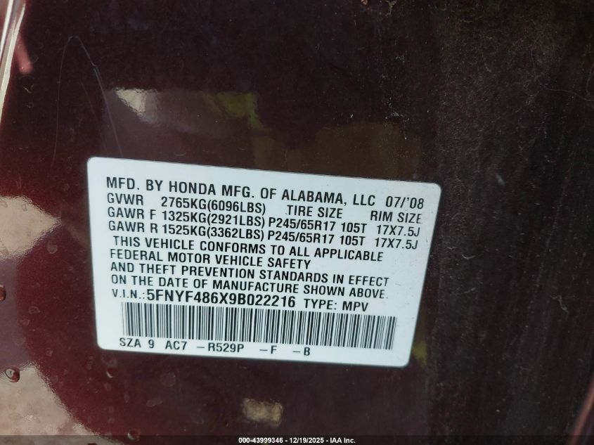 2009 Honda Pilot Ex-L VIN: 5FNYF486X9B022216 Lot: 43999346