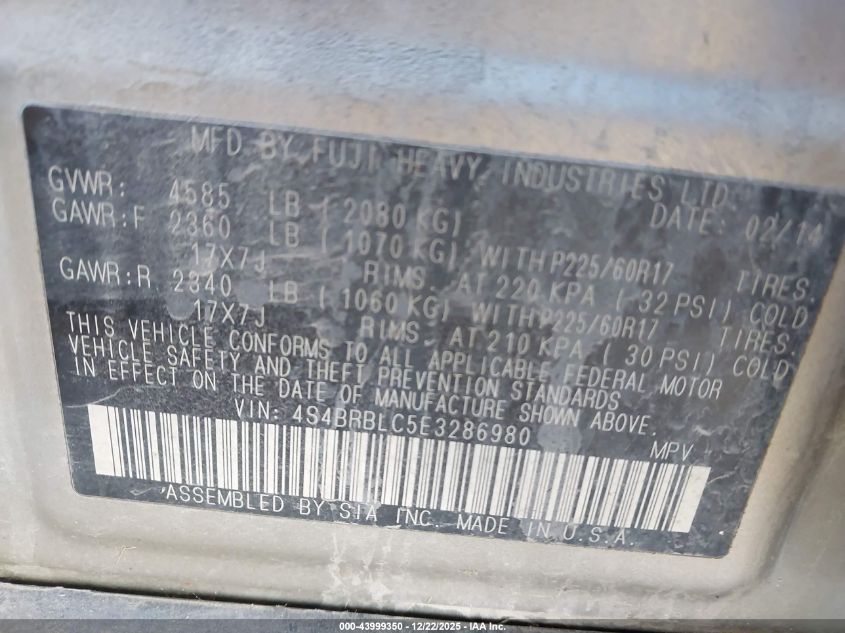 2014 Subaru Outback 2.5I Limited VIN: 4S4BRBLC5E3286980 Lot: 43999350