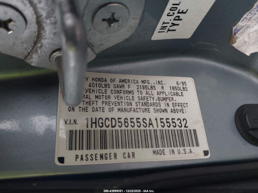 1995 Honda Accord Ex VIN: 1HGCD5655SA155532 Lot: 43999351